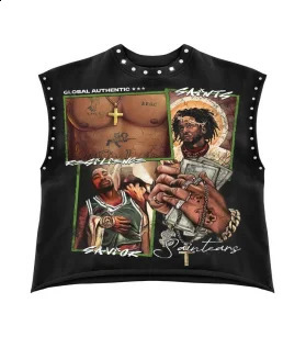 Summer loose O-neck beach T-shirt pure cotton wide shoulder American sports and casual comfortable couple rivet sleeveless top 260624
