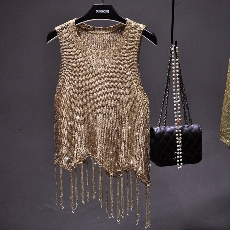 Sexy Shiny Gold Silver Knitted Tank Tops Women Bling Sequined Tassels Knitted Vest All Neon Store Clothes Korean 260625