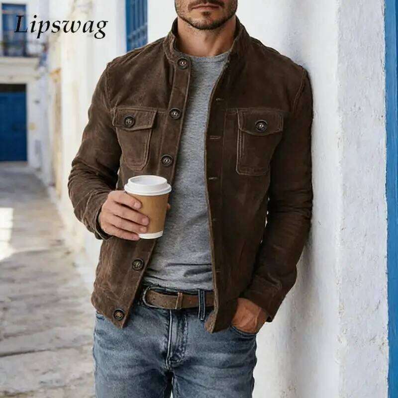 New Casual Suede Outerwear Mens Fashion Solid Color Button Turn-down Collar Pocket Cargo Coats Men Autumn Winter Stylish Jacket W260626