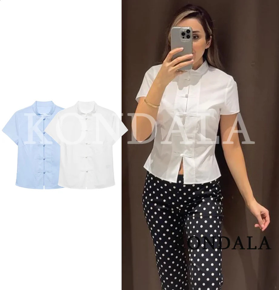 KONDALA Women Summer Commute Knotted Buttons Shirts Trendy Elegant Casual Short Sleeve Shirt Fashion High Street Slim Tops 260625