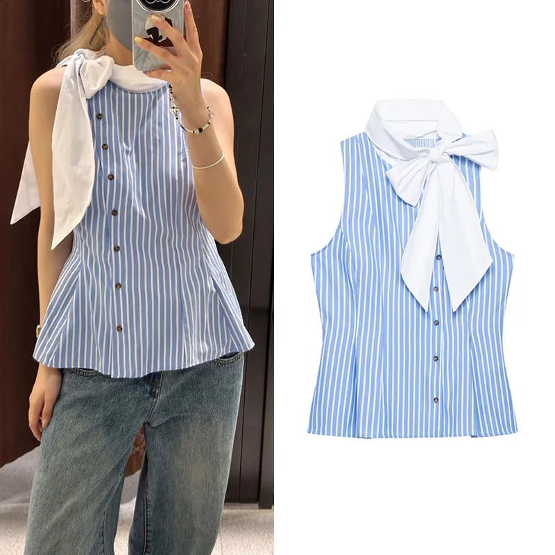 Womens Shirt Summer Sleeveless Striped Shirt with Bow Knot Casual Chic Personality Resort-style Ladies Top 260625