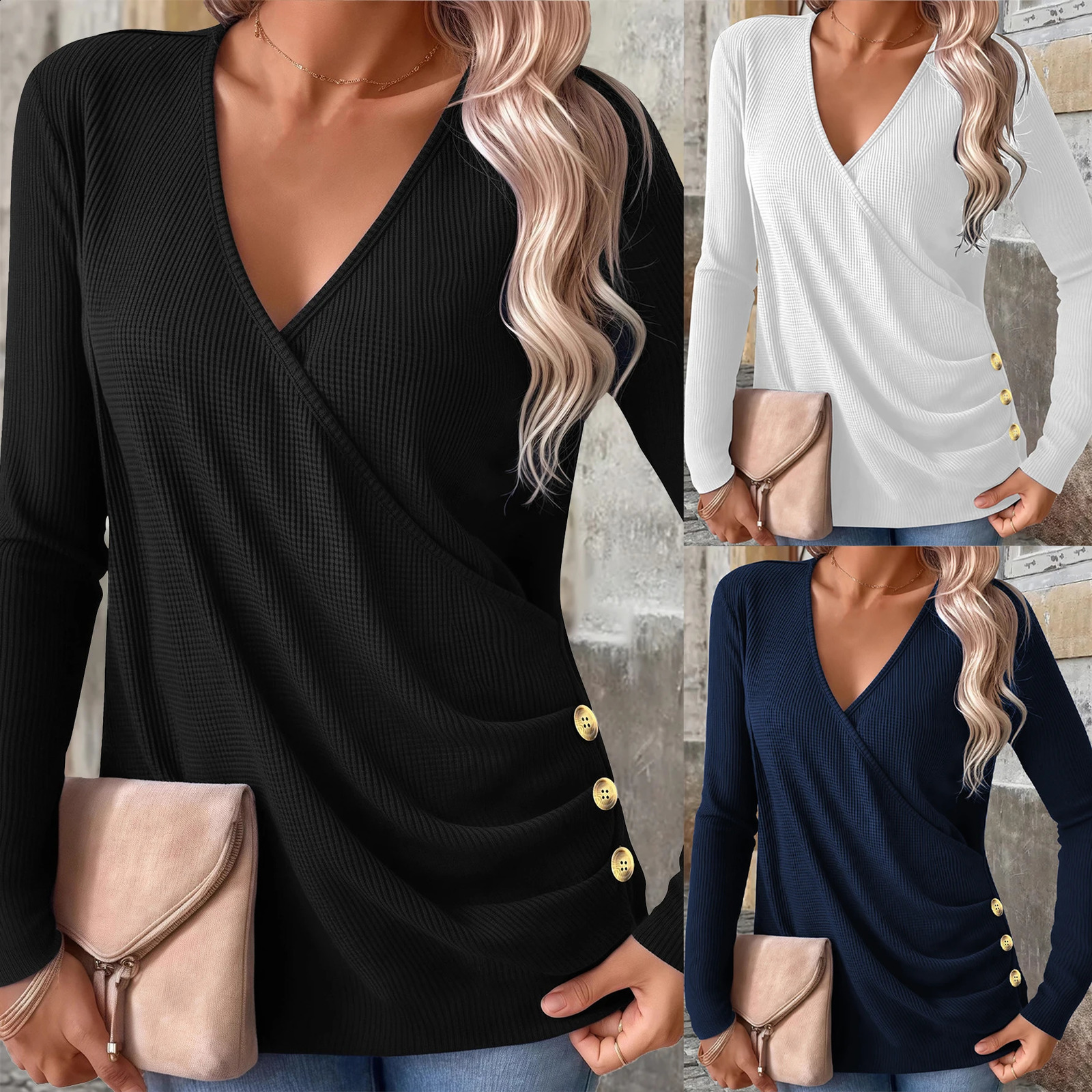 Plus Size Waffle Knit T-Shirt for Women Elegant V-Neck Button Down Long Sleeve Top Fall Comfort Fit Blouse 260626