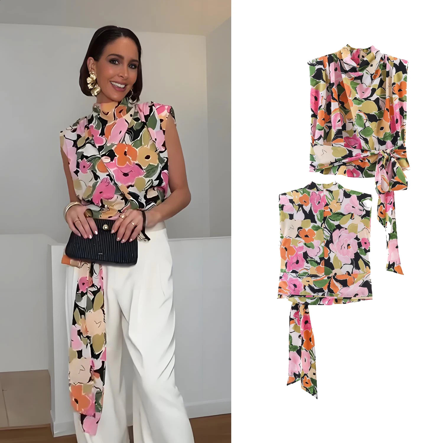 Womens Floral Print Padded Shoulder Blouse Female Chic Waist LaceUp Sleeveless High Neck Tops Lady Elegant Slim Trendy Shirt 260624
