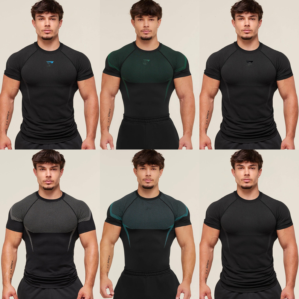 GYM Men's T-shirt sports Tees fitness quick-drying breathable stretchy round-neck short-sleeved gym clothes tight-fitting training wear jogging