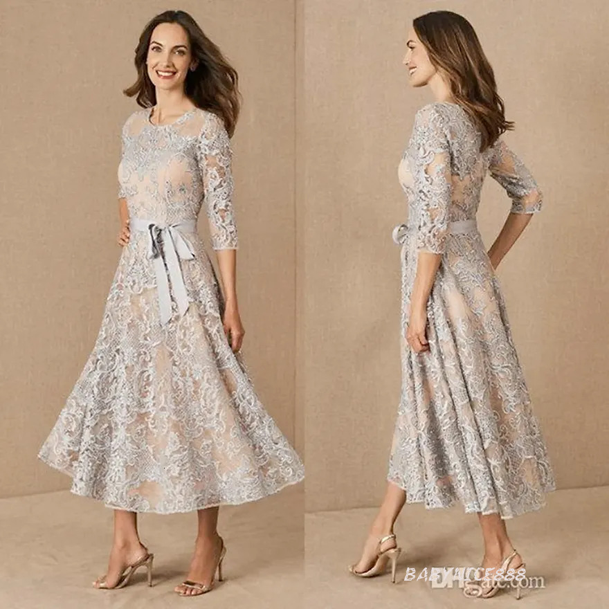 Elegant Of The Bride Dresses Jewel 3/4 Long Sleeves Lace Appliques Wedding Guest Dress Custom Made Tea Length Formal Mother Gowns Am1029