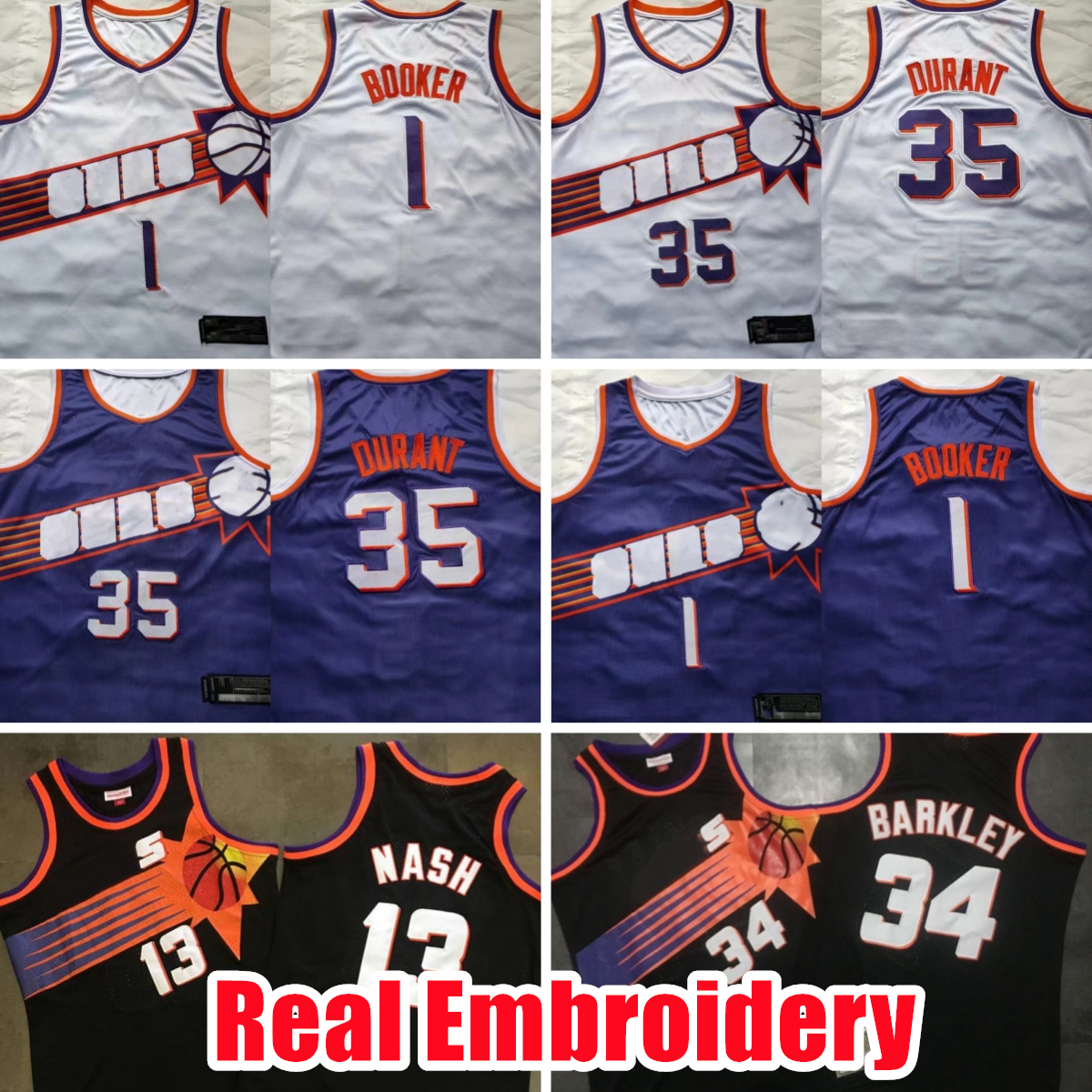 Retro Real Stitched Basketball Jerseys 35 Kevin Durant 1 Devin Booker Steve Nash 1996-97 Charles Barkley 1992-93 Embroidery Authentic 1997-98 Stitch