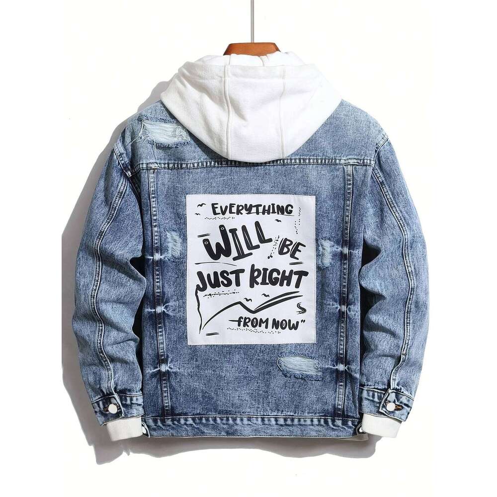 1PC Men's Four Seasons Explosion Destruction Washed Stone Wash Print Light Everyday American Street Casual Denim Jacket W260626