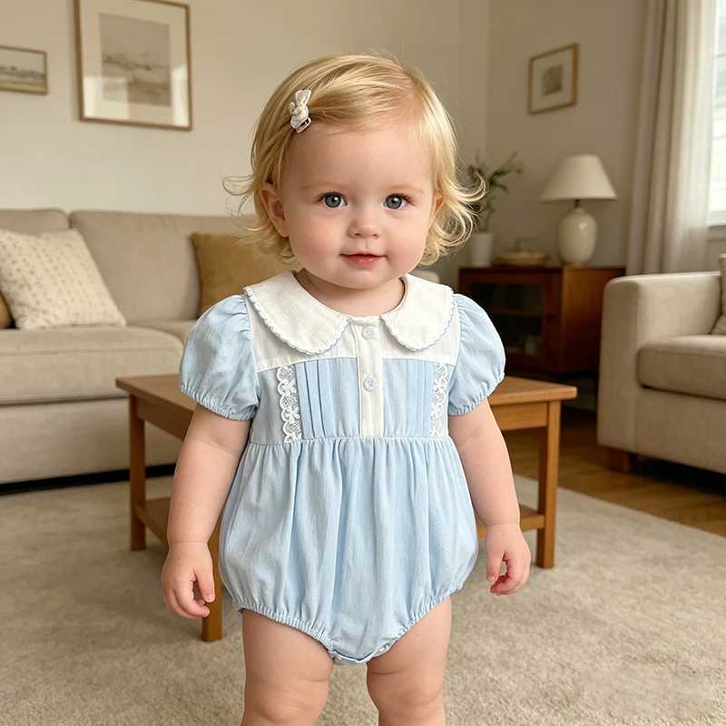 2026 Summer New 0-24M Baby Girls Jumpsuit Korean Version Short Sleeved Bodysuit Flower Embroidered Sweet Blue Romper Y260625B9O6