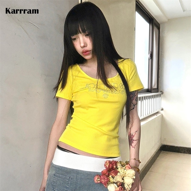 Karrram Japanese Y2k Rhinestones T-shirt Vintage Harajuku Diamond Letter Print T Shirts Trashy 2000s Aesthetics Yellow Crop Top 260625