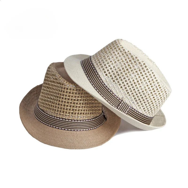 Mens Hats Summer Breathable Straw Small Top Hat Womens Sun Protection Beach Hat British Retro Jazz Cap Mesh Fedora Black Hat 260624