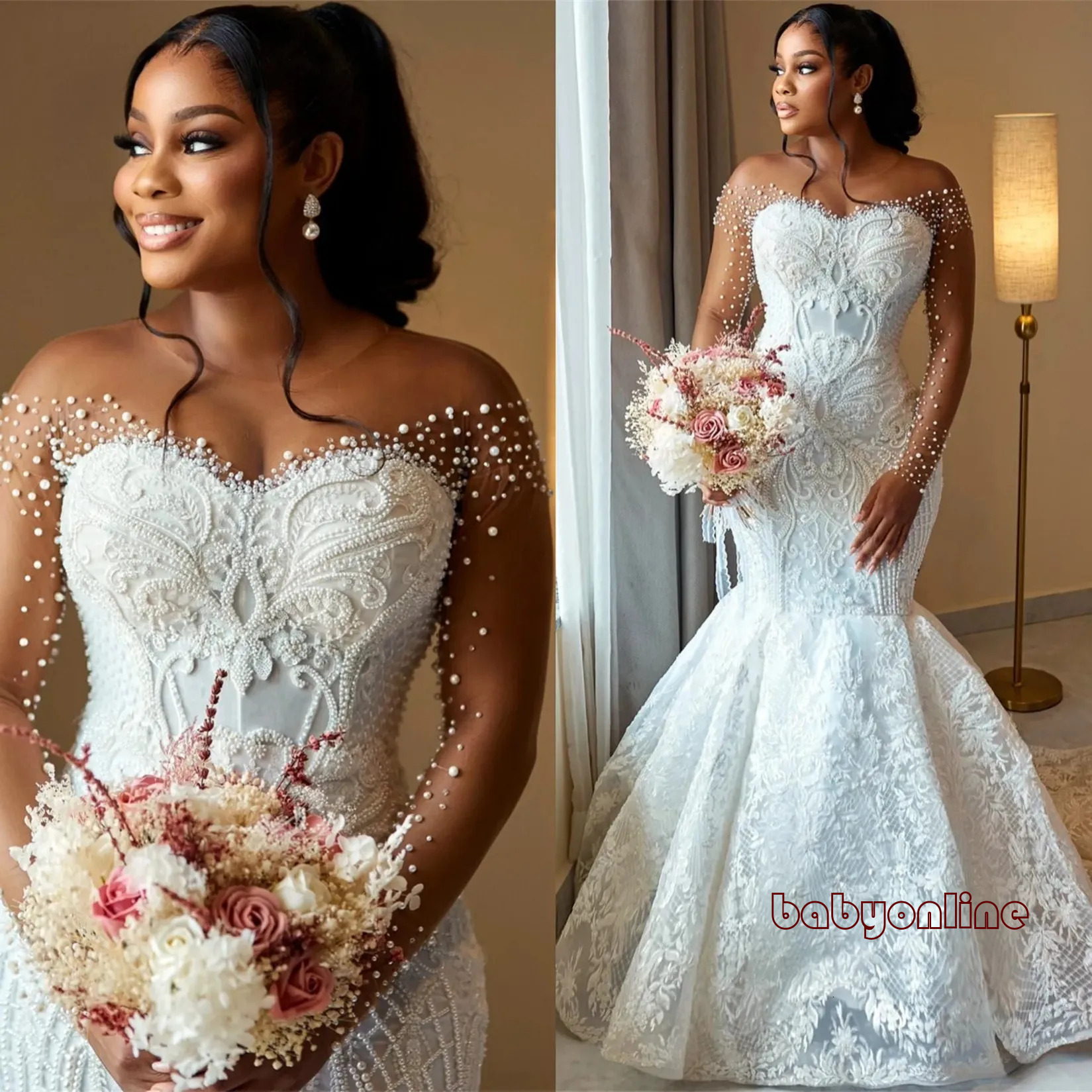 Aso Ebi Off White Mermaid Wedding Dress Sheer Neck Full Sleeves Beaded Pearls Vintage Elegant