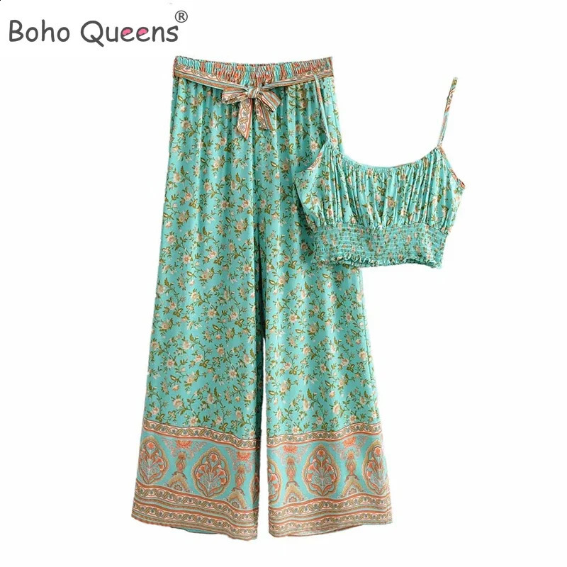 Boho Queens Women Green Floral Print Two Piece Outfits Strap Sleeveless Tops Bohemian Sashes Drawstring Pants 2 Pieces Sets 260625