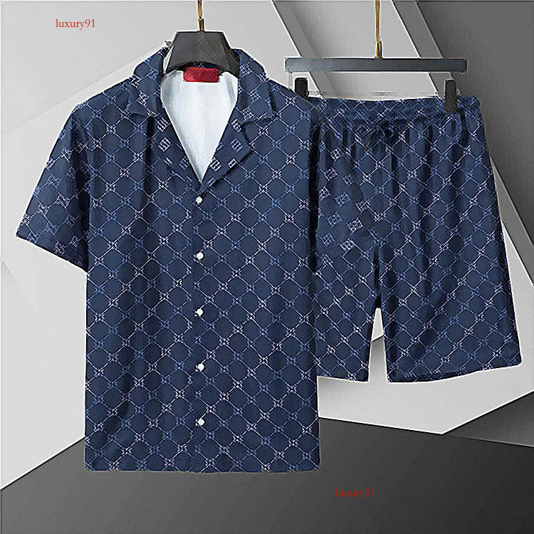 2026 Mens Tracksuit Fashion Brands Luxury Designer Shirt Blue Full Body Print Shirts And Shorts Set For Men Designer Button Street Shirts Asian Size
