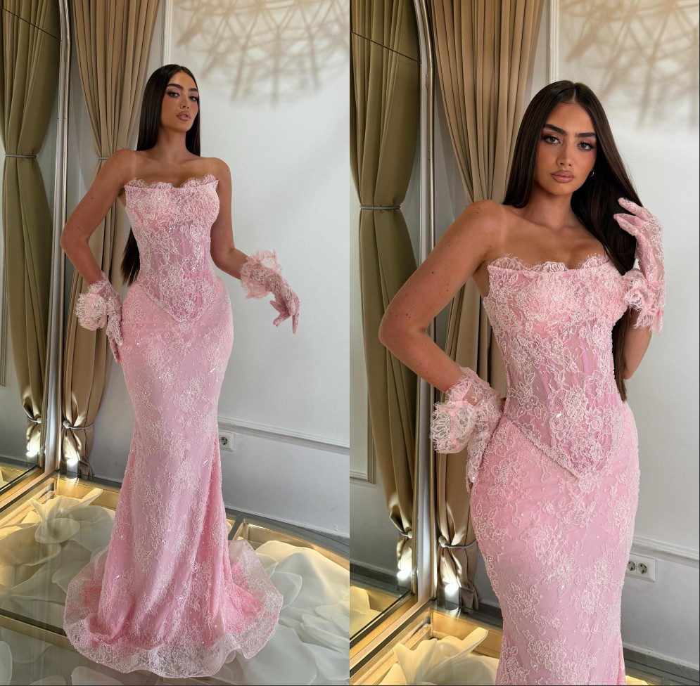 2026 Customized Pink Lace Mermaid Prom Dresses For Arab Women Strapless Corset Basque Waist Vintage Special Occasion Evening Gowns Second Reception