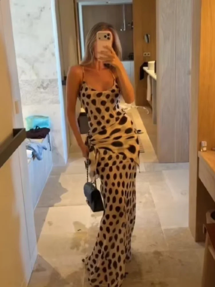 Women Slip Dress Leopard Print V-neck Ruched Drawstring Sexy Maxi Dresses Party Stylish Retro Summer Trendy Street Outfits 260625