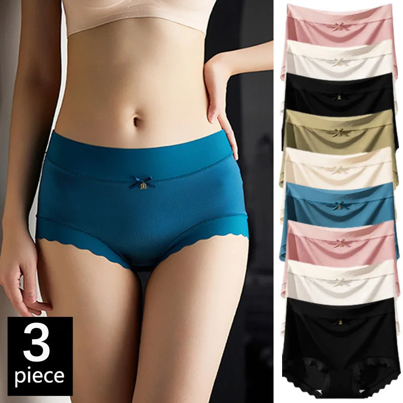 FallSweet 3Pcs Ice Silk Panties for Women Seamless HighRise Briefs Plus Size Underwear Boyshort Sexy Lingerie Everyday Wear 260624