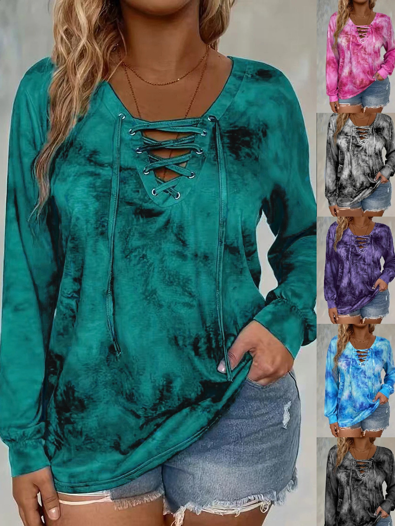 plus size womens tie dye printed long sleeved T-shirt made of polyester knitted fabric elegant lace up casual and comfortable 260626