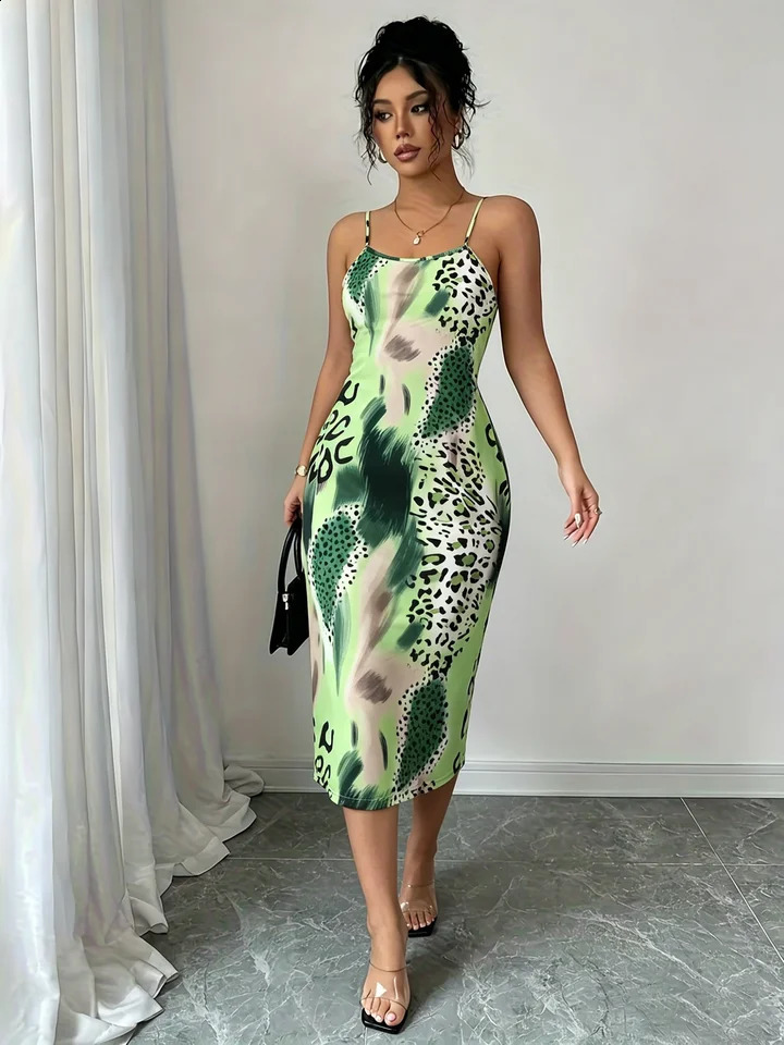 Women Spaghetti Strap Midi Dress Green Leopard Print Bodycon Casual Summer Sexy Party Cocktail Clubwear Date 260625