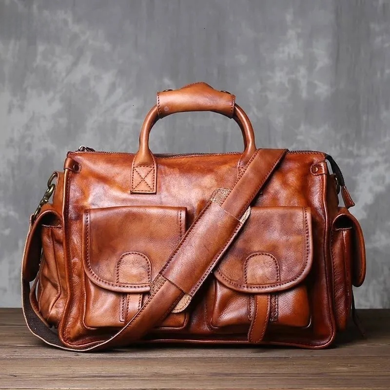 JLFGPJ Pure Hand Polished Vintage Handbag Top Layer Plant Tanned Cowhide Casual Crossbody Men's Genuine Leather Computer Bag A564-image-1112338552