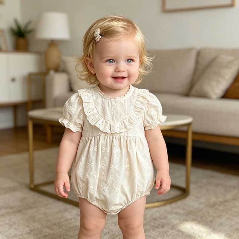 2026 Newborn Summer New 0-24M Baby Girls Romper Solid Color Short Sleeved Bodysuit Bow Sweet Embroidery Bodysuits Y260625CODL