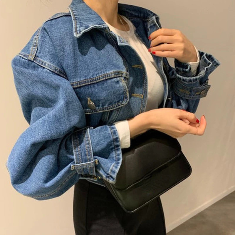 Fall Fashion Casual Denim Coats Turn-down Collar Single Breasted Crop Jackets Women Chic Patchwork Long Sleeve Outwears 260622
