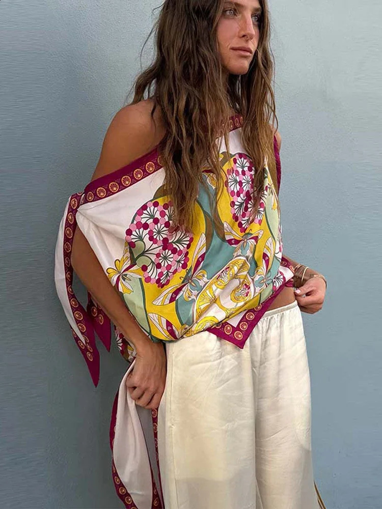Satin Printed Single Shoulder Lace Up Sleeveless Top Women Diagonal Collar Square Scarf Summer Beach Vacation Casual Tops 260625