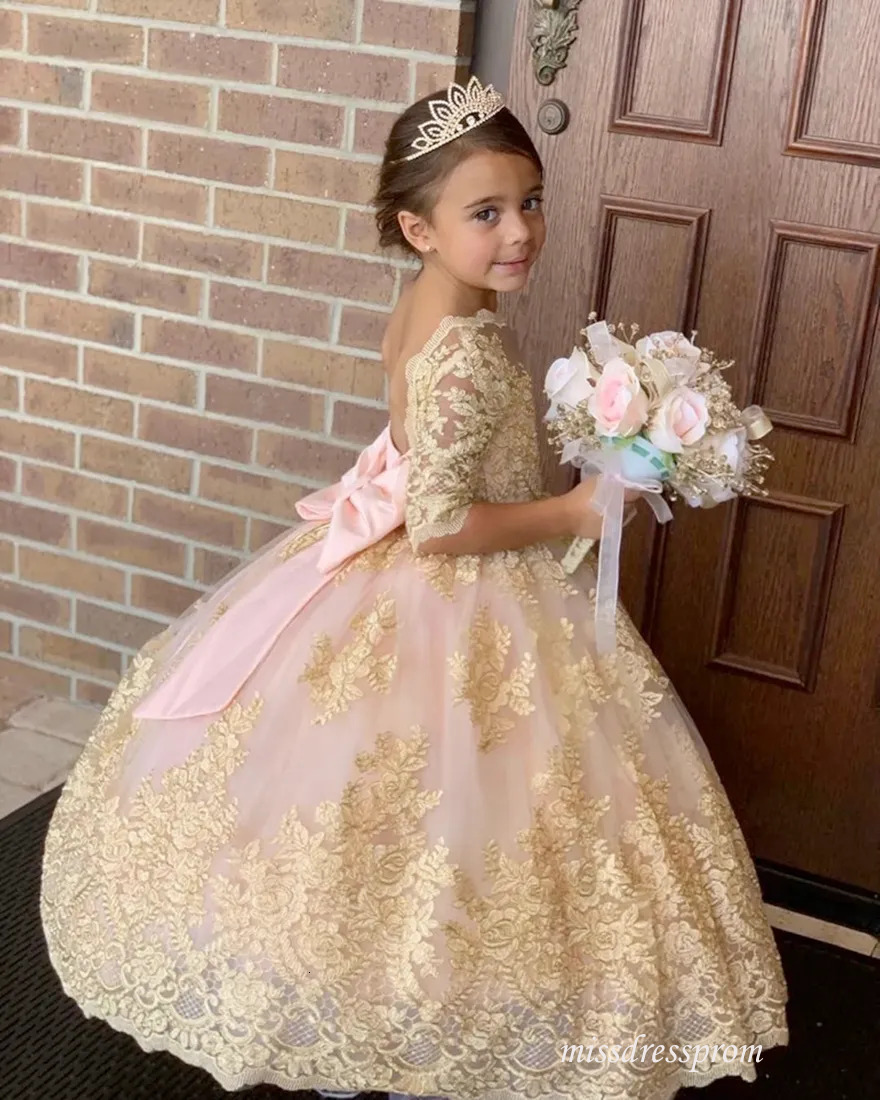 Blush/Gold Flower Dresses 1/2 Long Sleeves Big Bow Backless Unique Luxury Girls Birthday Dress Full Length Custom Made