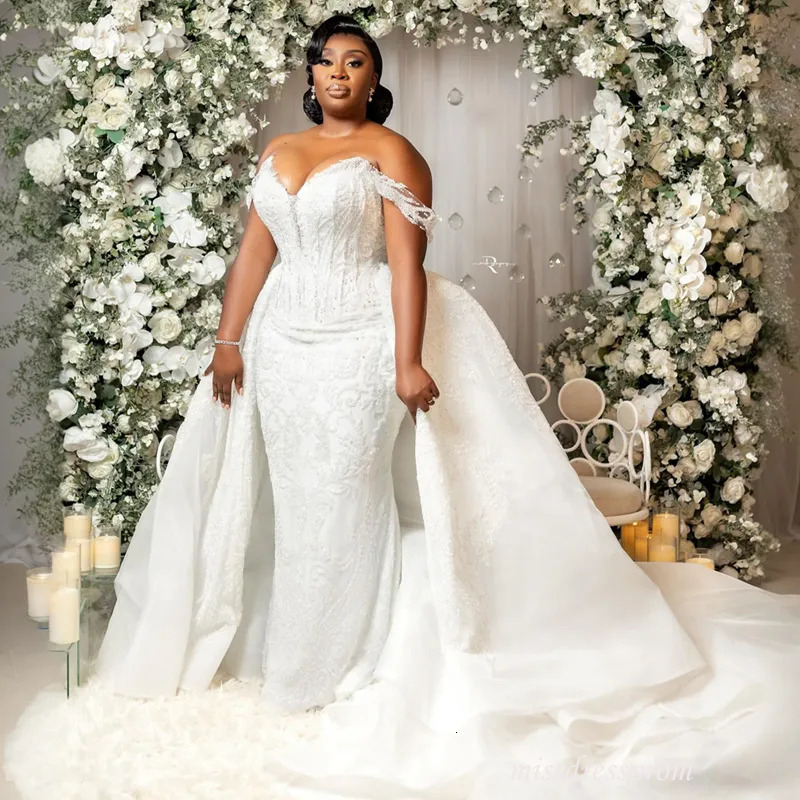 Plus Size African Dress Bridal Bride Detachable Train Mermaid Off Shoulder Beaded Lace Plated Wedding Gowns For Black Women Marriage