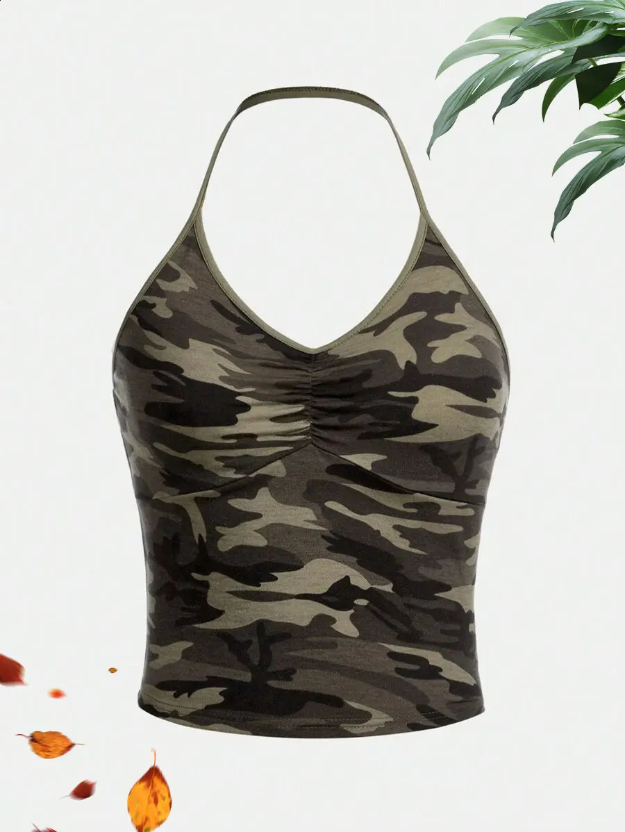 Women Camo Print Halter Crop Top Casual V Neck Ruched Sleeveless Camisole 260617