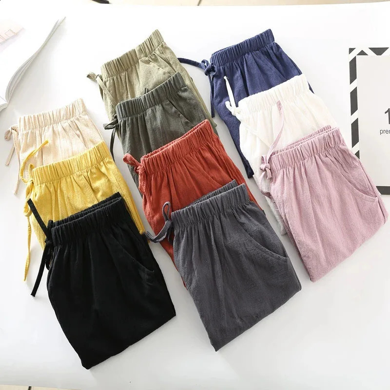 Women Cotton Linen Shorts Summer Casual Solid Color Two Pockets Wide Leg Female Loose High Waist Soprts Basic Short Pants 260624