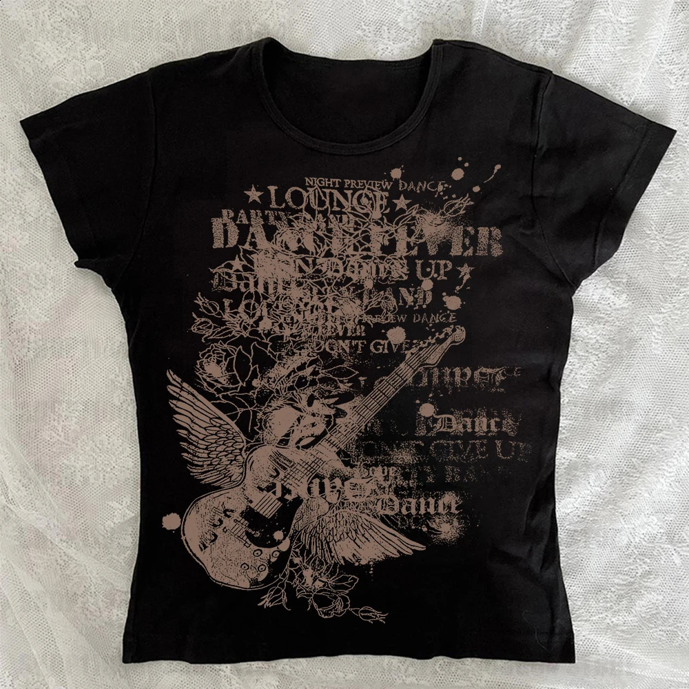 Summer Retro 2000s Fitted Short Sleeve T-Shirt Womens Y2K Gothic Graphic Punk Print Streetwear Harajuku Trendy Fashion 260625