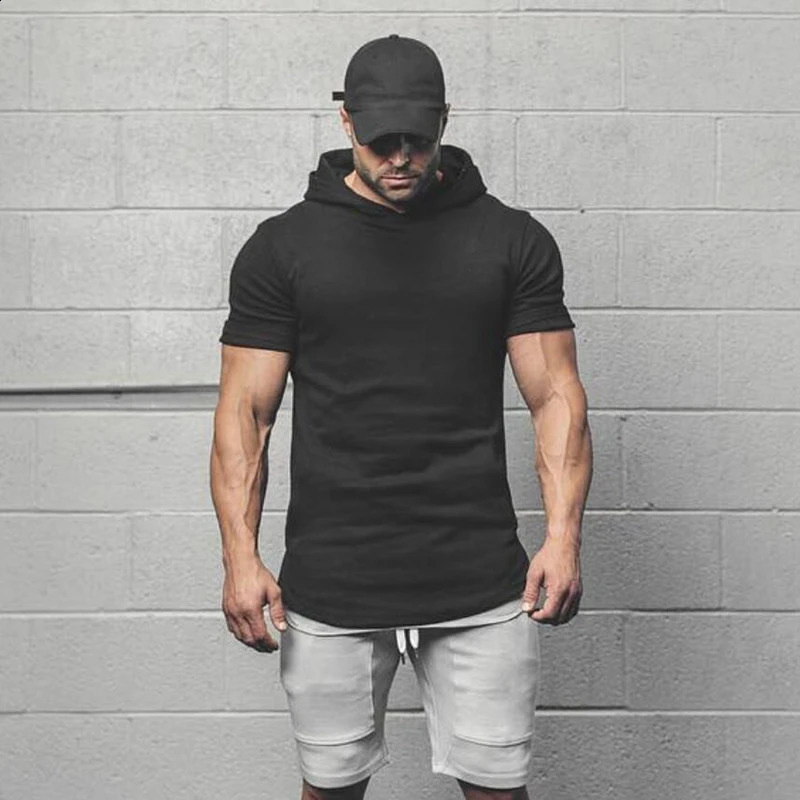 Plain Summer Cotton Breathable Hoodie Mens Short Sleeve Sports Slim Fit T-shirts Gym Bodybuilding Fitness Muscle Hooded Shirts 260624