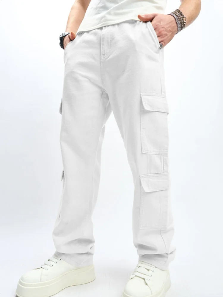 Mens Multiple Pockets Cargo Loose Jeans Streetwear Straight Casual Outdoor Trousers Male Clothing Fashion Denim Pants White 260613