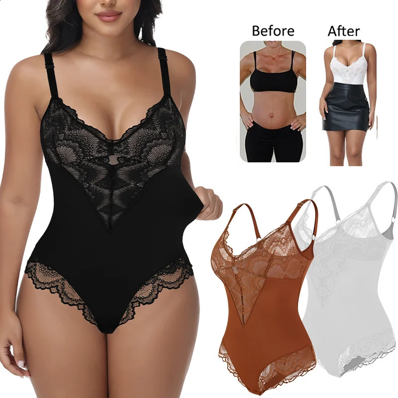 Womens Deep V Neck Bodysuit Sexy Lace Body Shaper Shapewear Slimming Thong Tummy Control Corset Breathable Brief Soft Underwear 260623