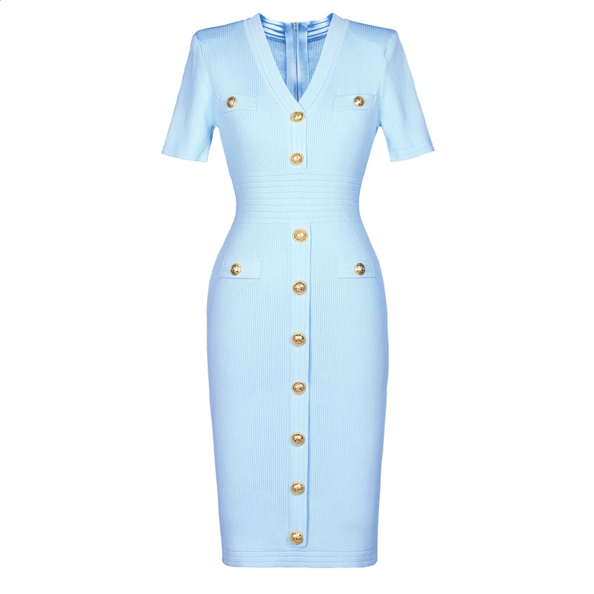ZJYT Womens Fashion VNeck Button Knit Sweater Dress Summer Elegant Short Sleeve Solid Color Midi Casual Sheath Blue 260625