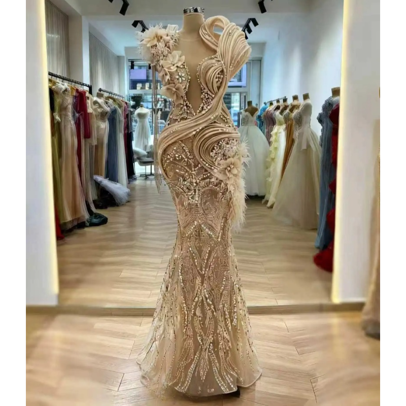Champagne Beaded Evening Dresses with Crystals Sleeveless Prom Dresses Party Dresses Vestidos De Gala Customizable Robe De Soiree