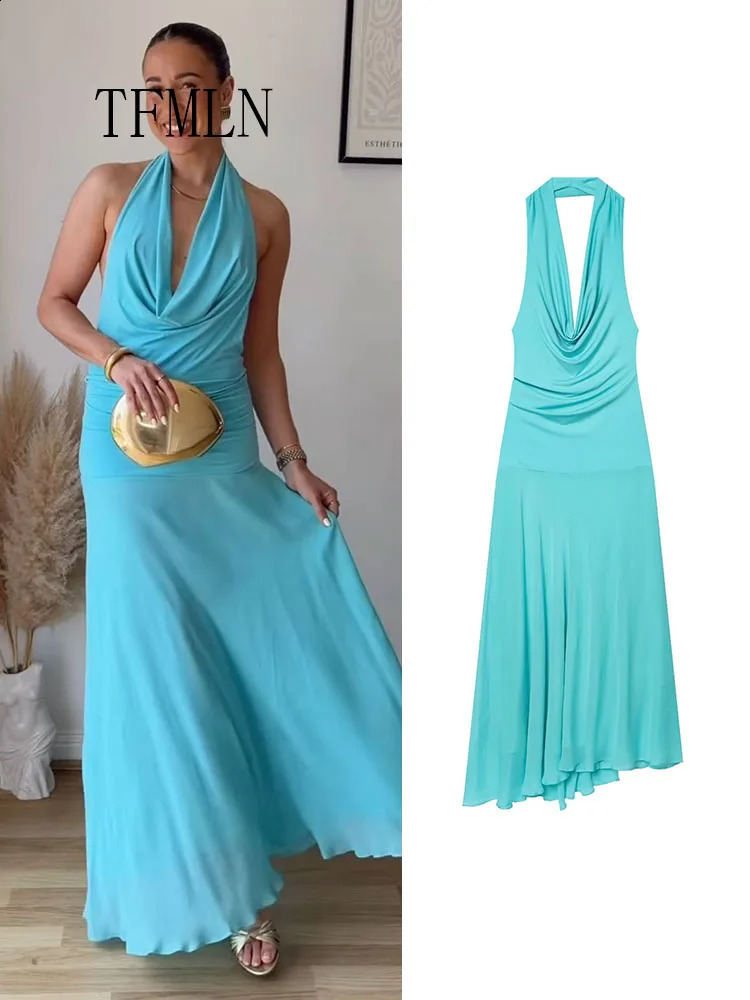Elegant Women Blue Halter Neck Long Dress Summer Sexy Backless Sleeveless Beach Party Evening Gown Fashion Lady Slim Dress 260625