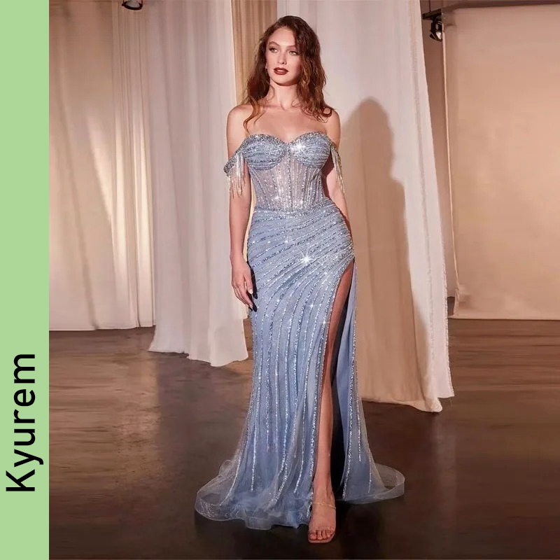 Prom Dresses Luxury Black Rhinestones High Slit Off the Shoulder Pendants Beading Long Mermaid Dresses Prom Evening Gown custom made color/size Robe
