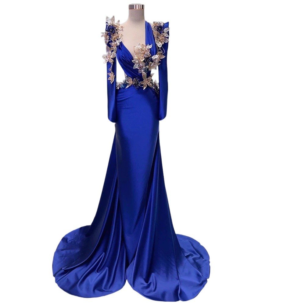 Blue Long Sleeves Evening Dresses with 3d Flowers Mermaid Red Carpet Dresses Vestidos De Gala Gowns Robe De Soiree Night Gowns