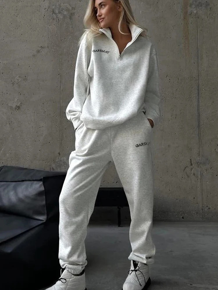 FSMG Casual Cotton Tracksuit with Zipper Womens Oversize Long Sleeve Lapel Sweatshirt Elastic Waist Pant 2 Piece Set Sports Set 260623