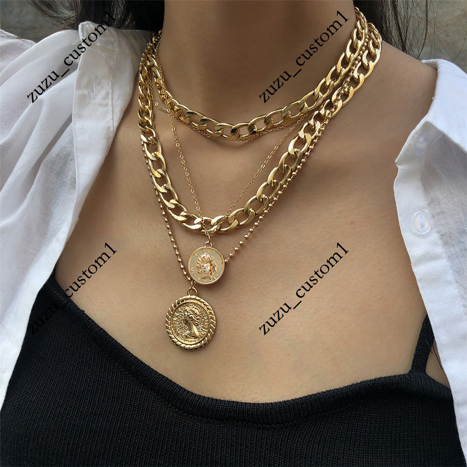 Cross-border bestseller multi-layered necklace, vintage beauty head coin collarbone chain, European and American hip-hop style jewelry