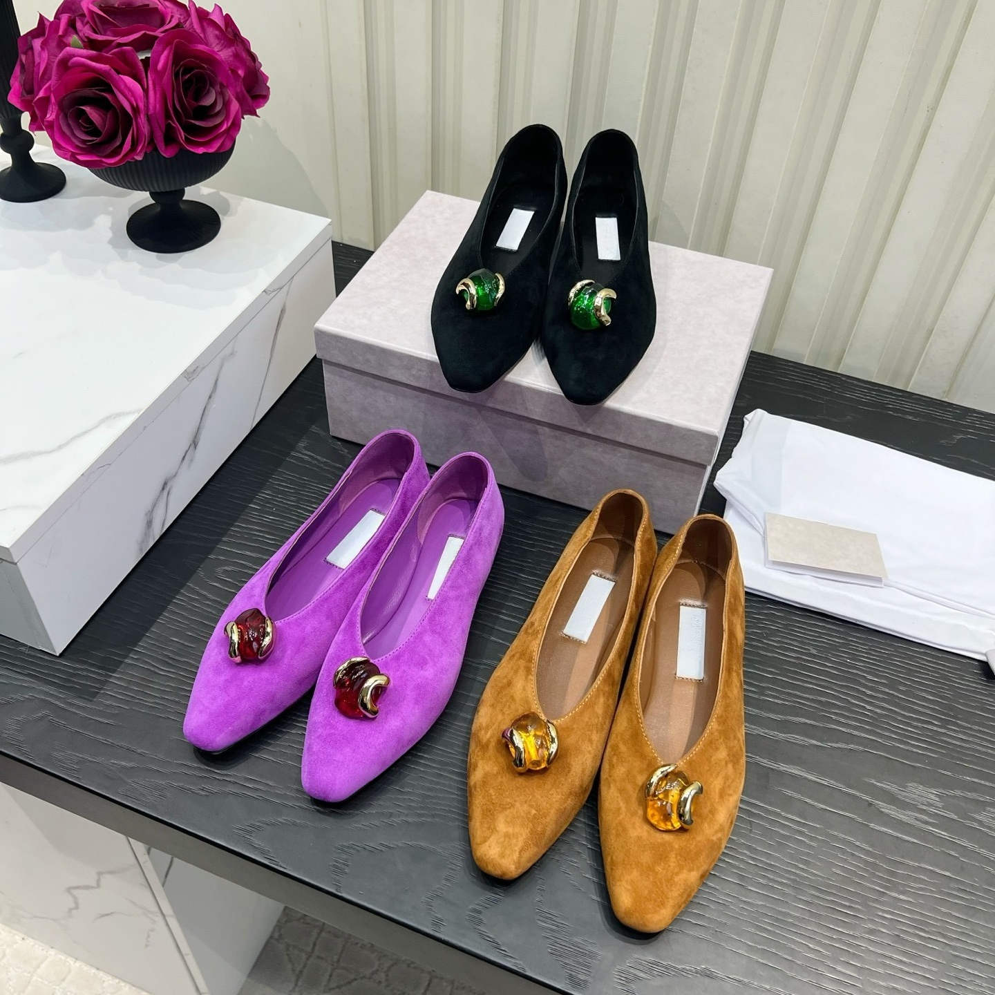 MARGOT Resin Gemstone Embellished Flat Sandals Luxury designer women plain toes suede ballet flats Elegant dress formal shoes Leather Sole Factory f