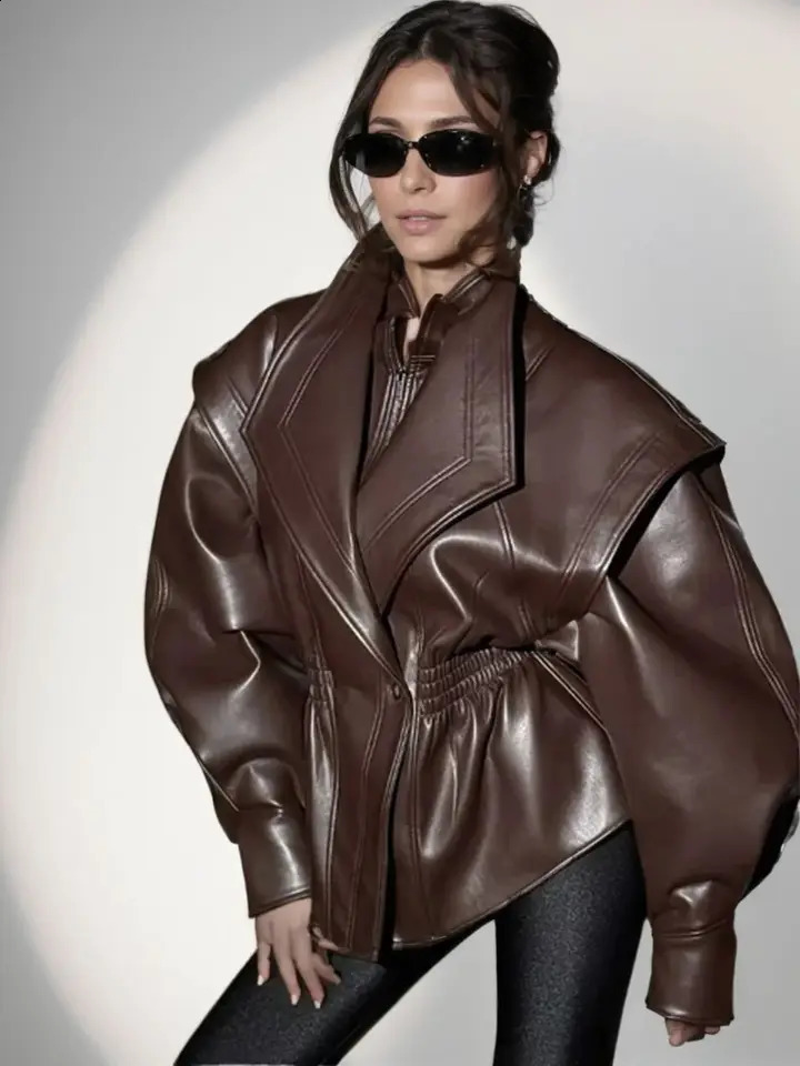 2026 Womens Retro Vintage Coffee Faux Leather PU Jackets Female Motorcycle Biker BF Loose Oversized Streetwear Coats Tops 260625