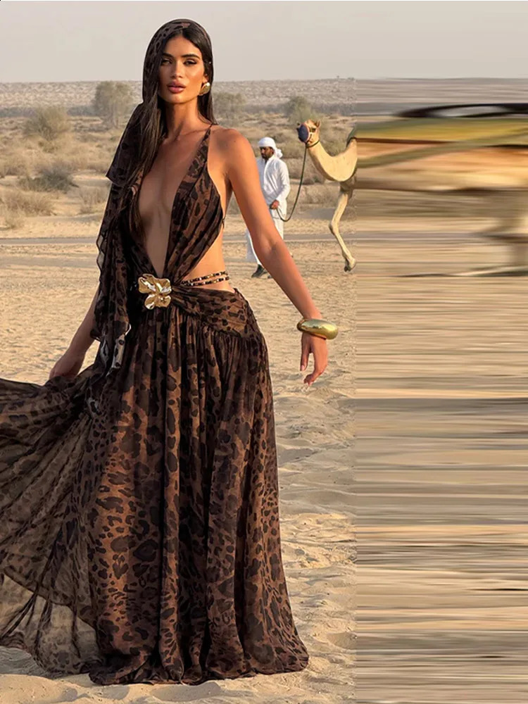 Sexy Leopard Print Deep V Maxi Dress Women Backless Side High Splits Elegant Vestidos Summer Beach Vacation Party Outfit 260625