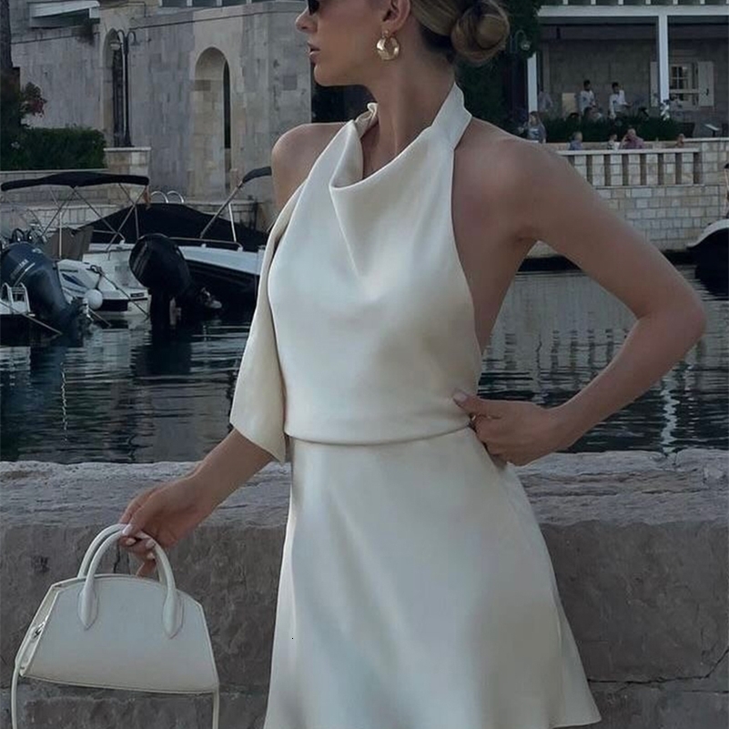 Clacive Summer Slim Beige Satin Women Dress Sexy Halter Sleeveless Mini Dresses Elegant Lace-Up High Waist Backless Female Dress 260625