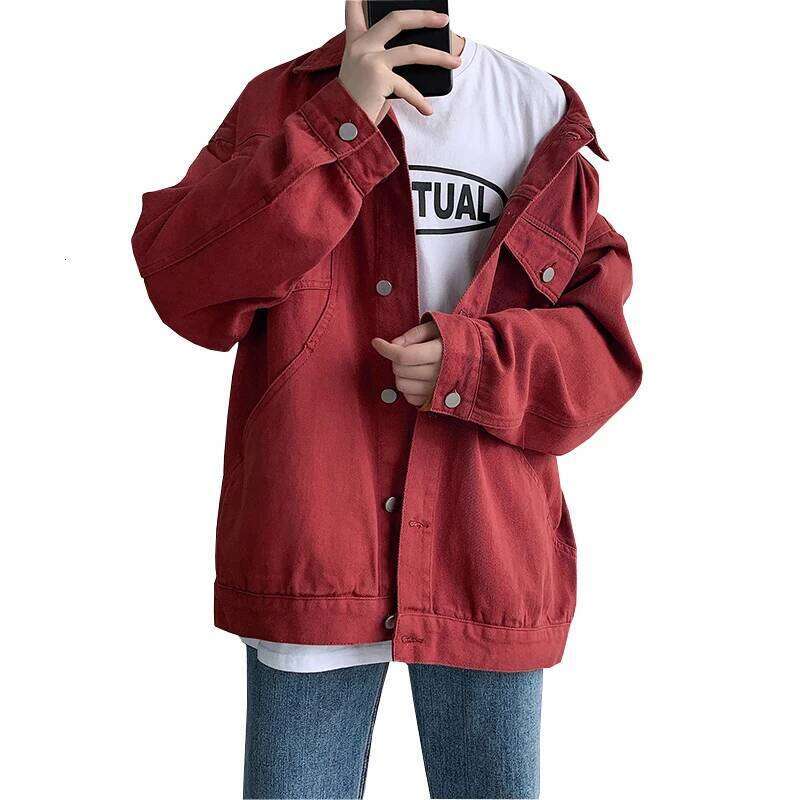 2026 New Steetwear Red Mens Jean Jackets Turn Down Collar Multi-pockets Denim Coats Overalls Loose Casual Men Clothing Outwear W260626