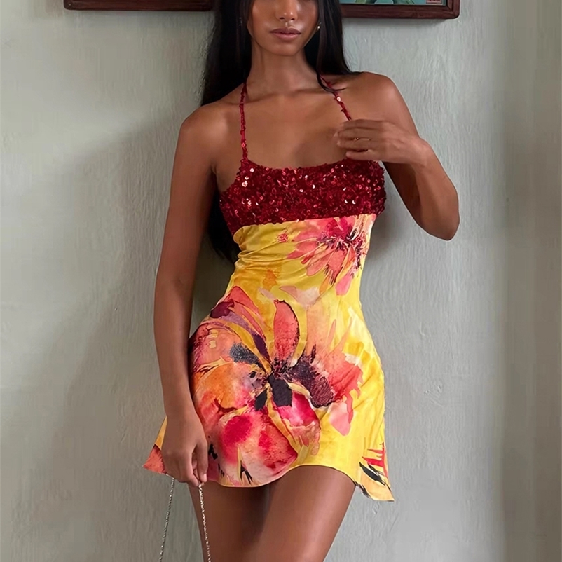 Weird Puss Floral Print Backless Dress Women Trend Halter Sequin Patchwork Bandages Sleeveless Stretch Sexy Vacation Bodycon 260625