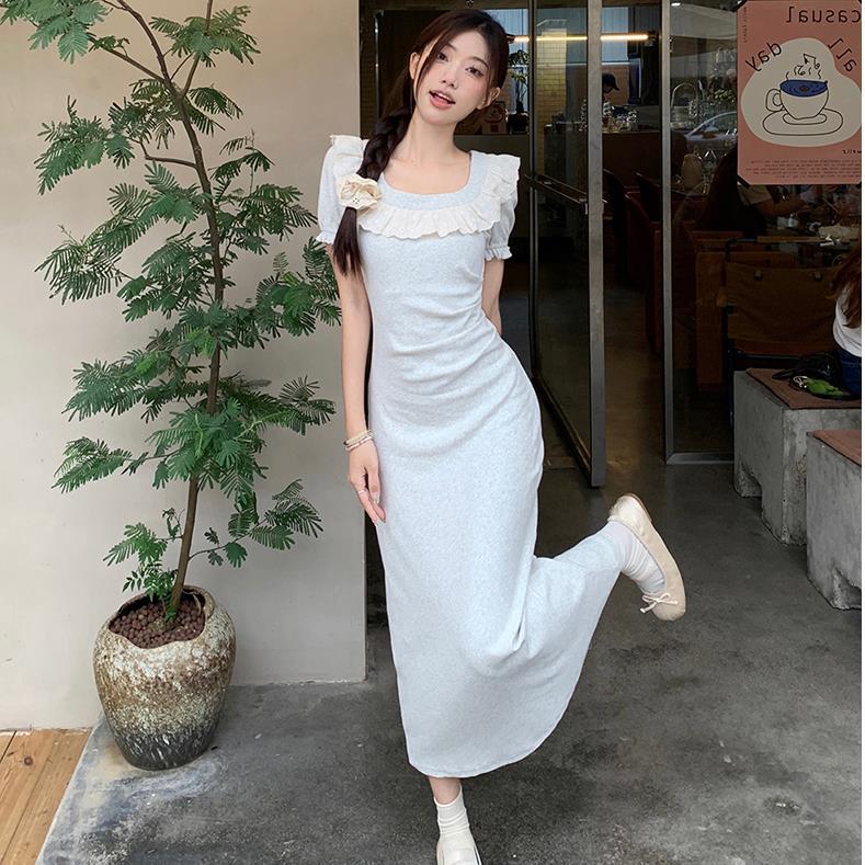 Q0465 coffee break French square neck dress women's summer new small waist seaside vacation bubble sleeve long dress