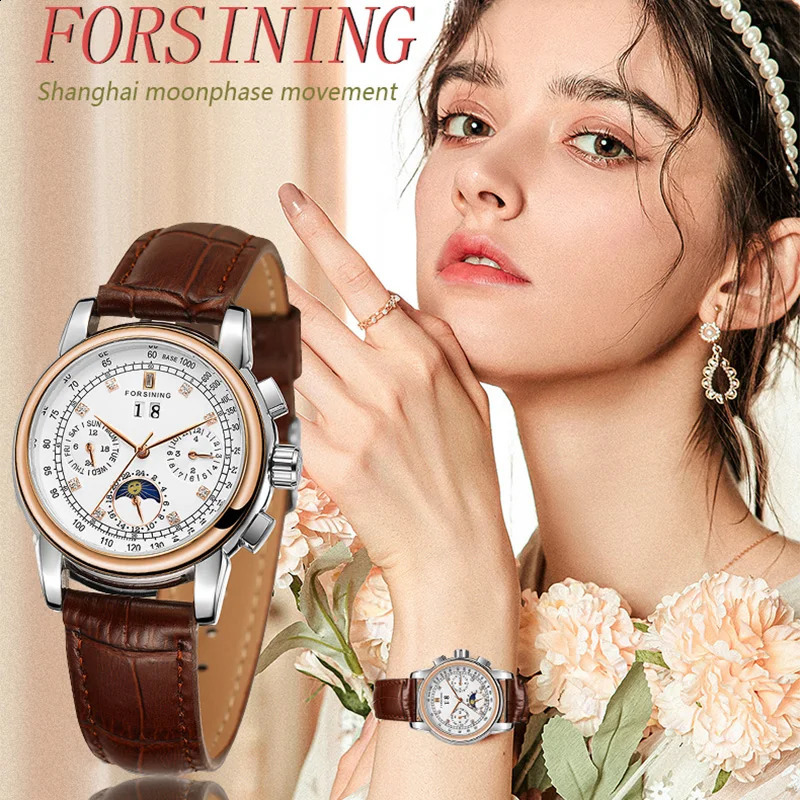 FORSINING Women Automatic Mechanical Fashion y Wrist Watches Ladies Diamond Moon Phase Multifunctional Relogio Feminino 260625
