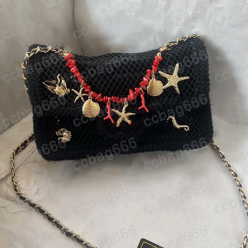 Lady Designer 26M Mesh Shell Charms Mini CF Shoulder Bag With Chain Tassel Gold Matelasse Chain Crossbody Handbag Beach Series Woven CO Fashion Purs